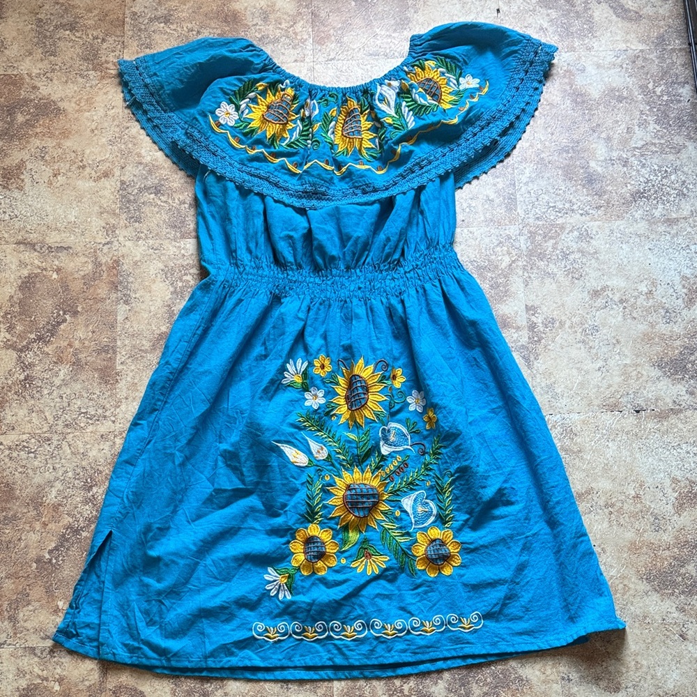 Floral Embroidered Womens  Dress - Blue and Yellow large